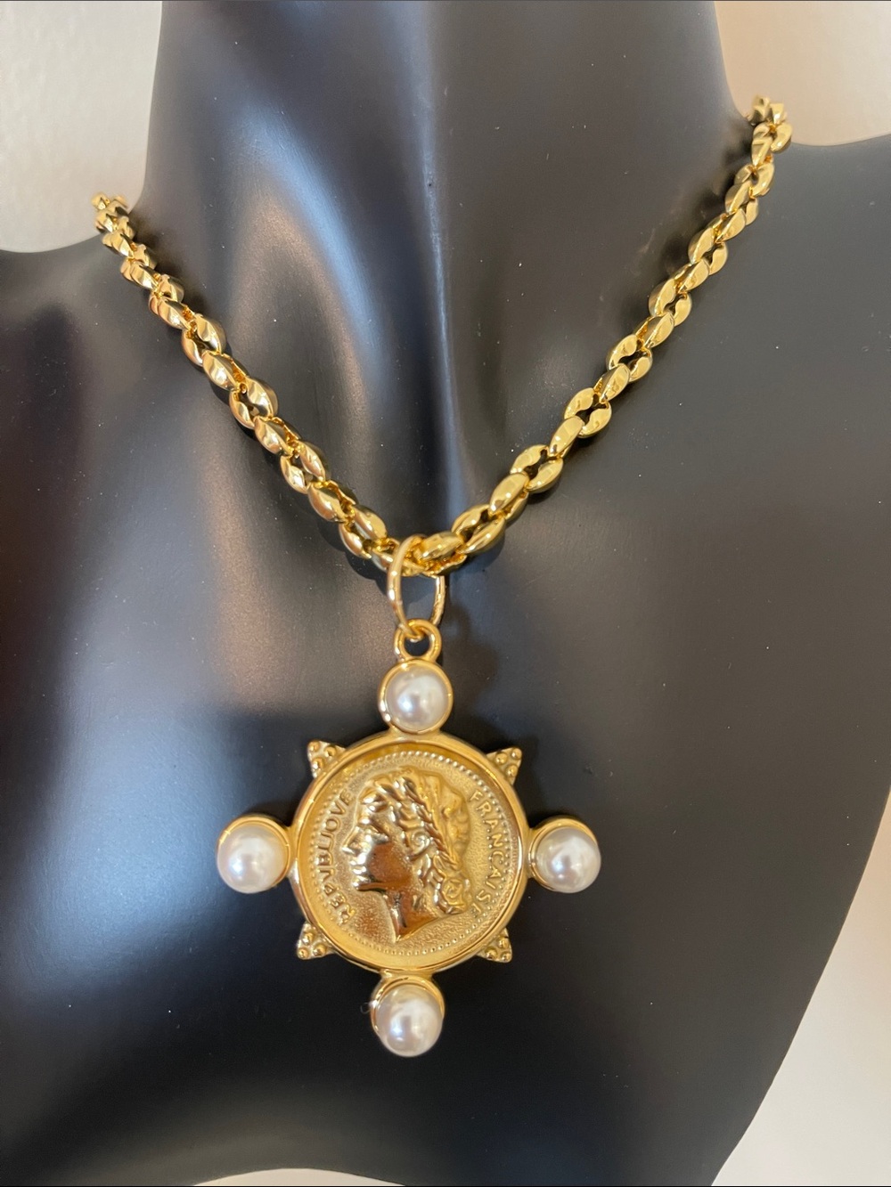 Gold-Tone Medallion Pendant Necklace with Pearl Accents